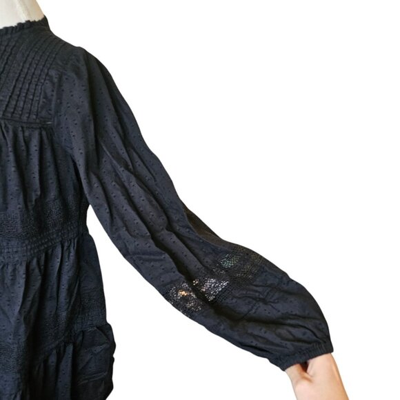Old Navy Black Tiered Peasant Dress Eyelet Lace Boho Sz M Above Knee Loose - Picture 7 of 12